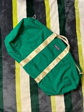 Vintage Lands' End Emerald Green Canvas Tote with Cream Handles